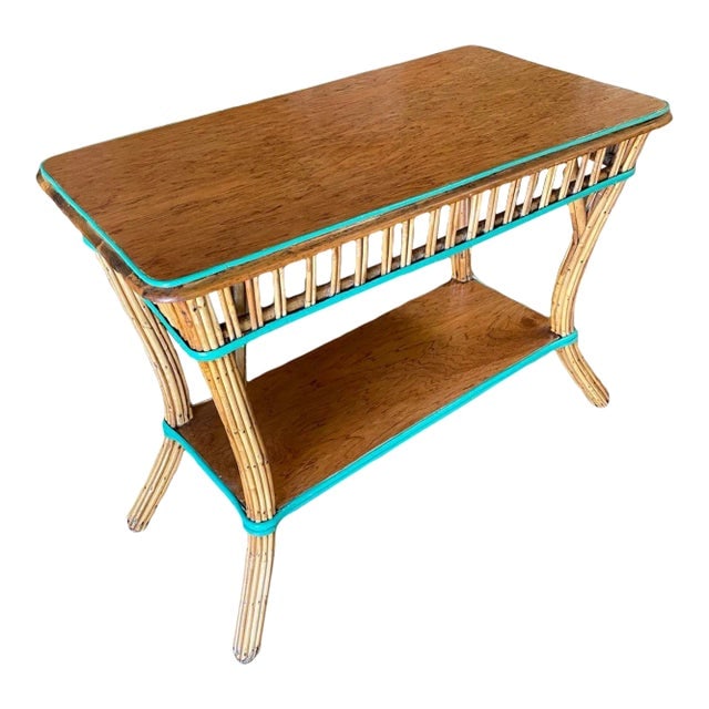 Restored Presidential Stick Reed Rattan Tv Stand/Console Table W/ Mahogany Top (1 of 11)