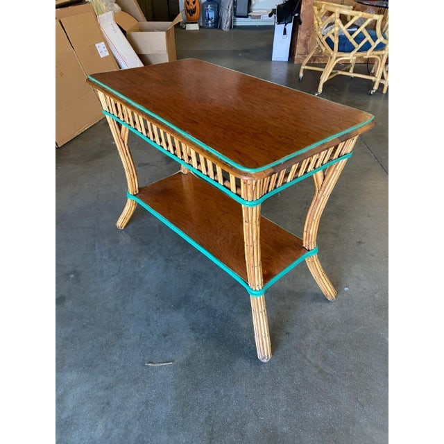 Restored Presidential Stick Reed Rattan Tv Stand/Console Table W/ Mahogany Top - 2