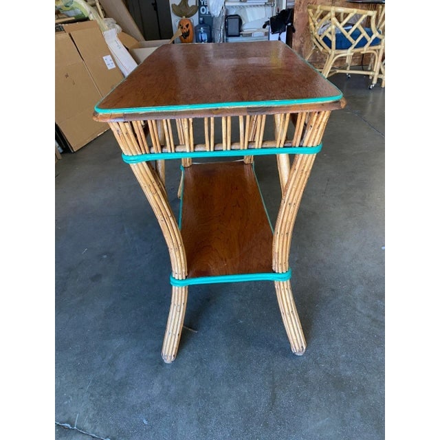 Restored Presidential Stick Reed Rattan Tv Stand/Console Table W/ Mahogany Top - 3