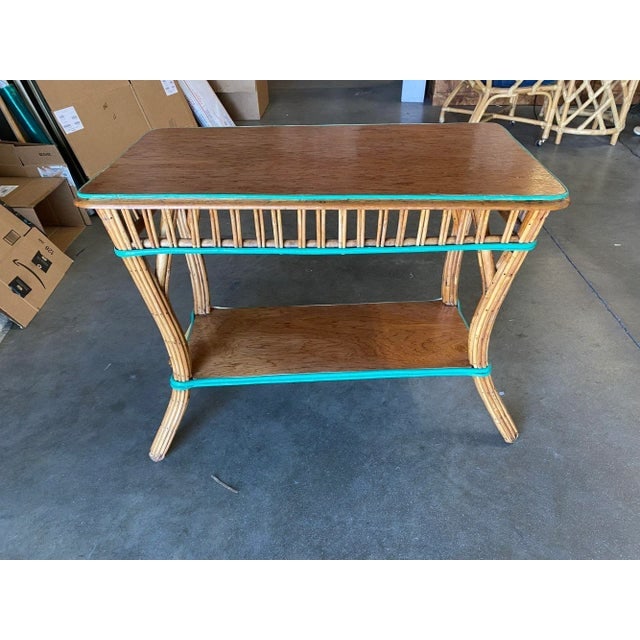 Restored Presidential Stick Reed Rattan Tv Stand/Console Table W/ Mahogany Top - 5