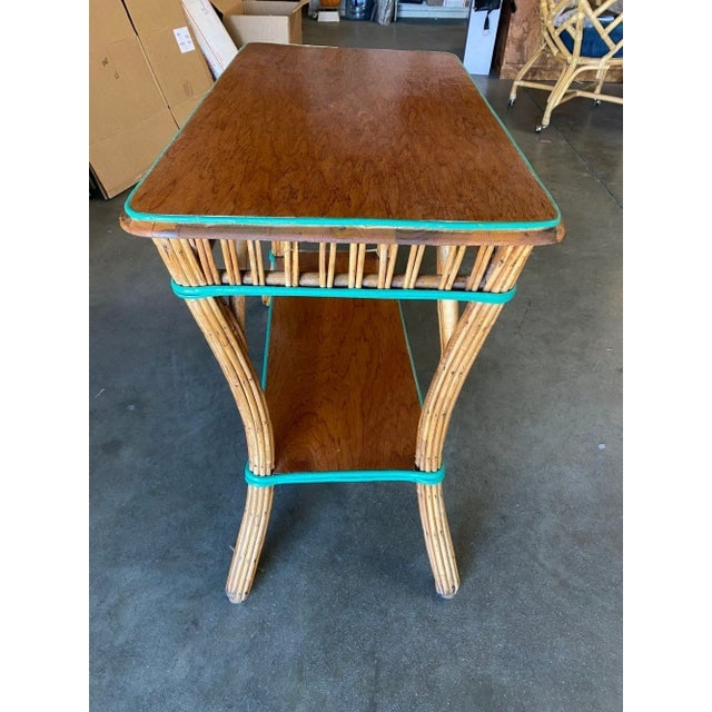 Restored Presidential Stick Reed Rattan Tv Stand/Console Table W/ Mahogany Top - 6
