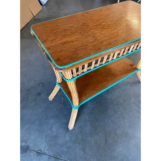 Restored Presidential Stick Reed Rattan Tv Stand/Console Table W/ Mahogany Top - 8