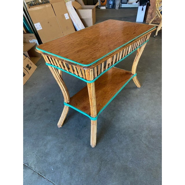 Restored Presidential Stick Reed Rattan Tv Stand/Console Table W/ Mahogany Top - 9
