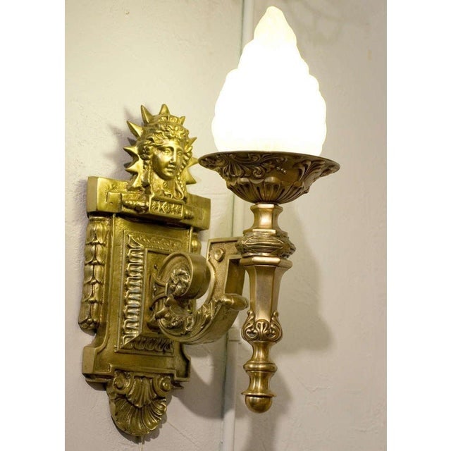 1970s Art Deco Liberty Figural Bronze Entry Sconce With Sunburst Motif - 2