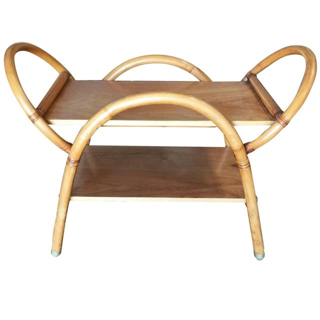 Restored Free-Form "Arches" Rattan Bar Cart W/ Mahogany Top - 11