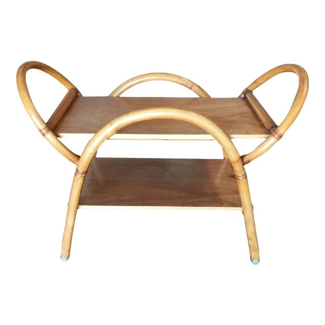 Restored Free-Form "Arches" Rattan Bar Cart W/ Mahogany Top: Title: Restored Free-Form "Arches" Rattan Bar Cart W/ Mahogany Top Description: Unique Post War bar cart features free-form "Arches" designed with top and bottom Mahogany shelves. Unique to the