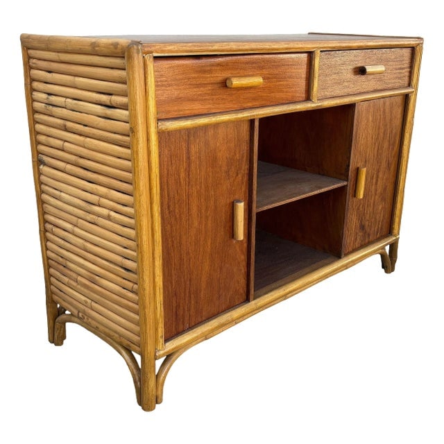 Restored Early Mid-Century Stacked Rattan Credenza Tv Stand W/ Mahogany Top: Title: Restored Early Mid-Century Stacked Rattan Credenza Tv Stand W/ Mahogany Top Description: Restored Mid-century era mahogany and stacked rattan credenza which works well as a TV Stand. The