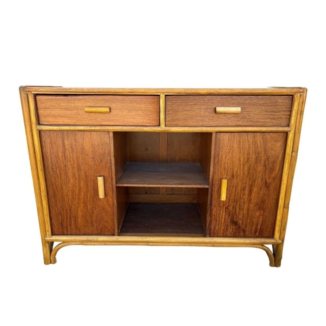 Restored Early Mid-Century Stacked Rattan Credenza Tv Stand W/ Mahogany Top - 2