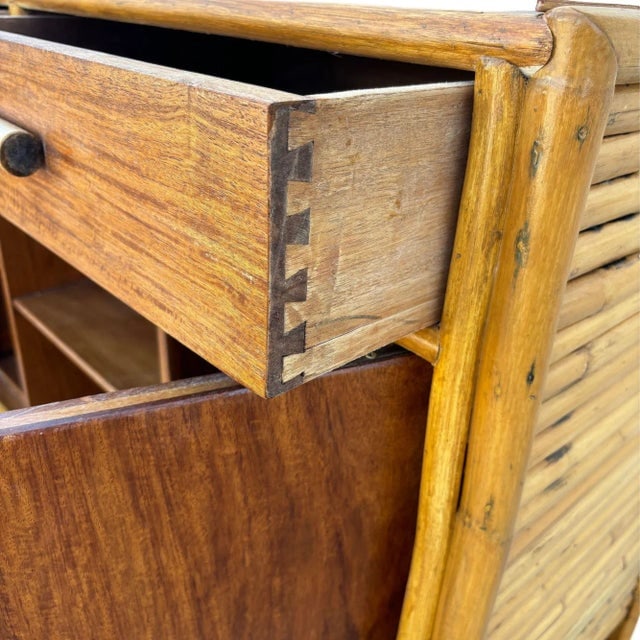 Restored Early Mid-Century Stacked Rattan Credenza Tv Stand W/ Mahogany Top - 9