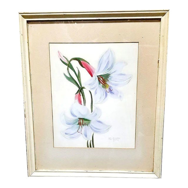 1940s Mid-Century Hawaiian Two Lilies Oil Painting on Paper Signed E. Wolf, Framed: Title: 1940s Mid-Century Hawaiian Two Lilies Oil Painting on Paper Signed E. Wolf, Framed Description: This Post-War Hawaiian oil painting on paper, titled "Two Lilies," is a beautiful piece signed by