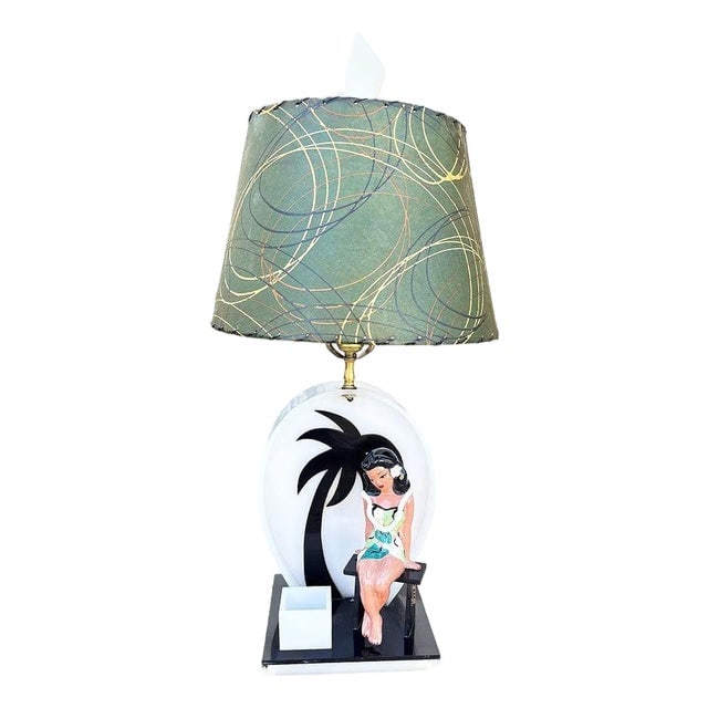 1950s Mid-Century Acrylic Hula Girl Midnight Palm Silhouette Table Lamp by Moss (1 of 13)