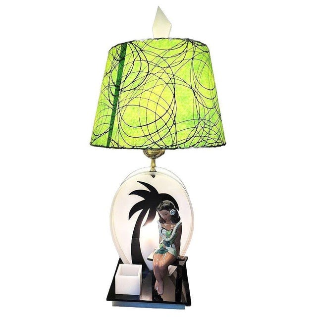 1950s Mid-Century Acrylic Hula Girl Midnight Palm Silhouette Table Lamp by Moss - 2