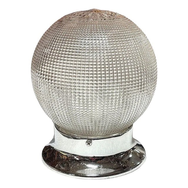 Mid-Century Holophane Glass Globe Pendant Light W/ Chromes Steel Fitter: Title: Mid-Century Holophane Glass Globe Pendant Light W/ Chromes Steel Fitter Description: Hollywood Regency style Holophane ceiling pendant features a classic globe-shaped glass shade that beautiful
