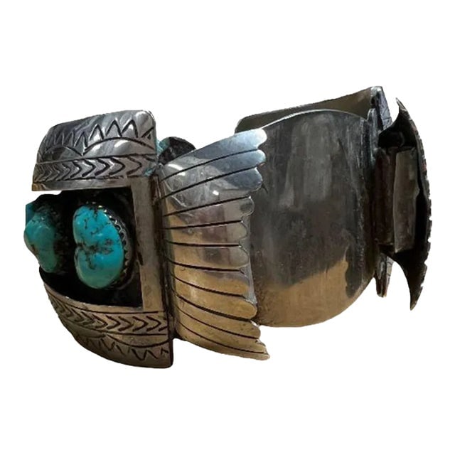 Silver Navajo Watchband Cuff W/ Bisbee Torqouise, Hyson Craig Style: Title: Silver Navajo Watchband Cuff W/ Bisbee Torqouise, Hyson Craig Style Description: Navajo silversmith watchband/cuff styled after the work made by Hyson Craig, this classic combination of heavy