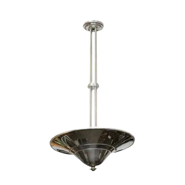 1930s Art Deco Saucer Ceiling Pendant Lamp Multiples, 5 Available: Title: 1930s Art Deco Saucer Ceiling Pendant Lamp Multiples, 5 Available Description: American Art Deco era chrome saucer ceiling lamp with bronze end cap and polished aluminum stem. The lamp was a 43