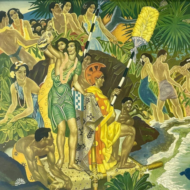 Matson Lines Hawaii "Festival of the Sea" Lithograph by Eugene Savage in Bamboo Framed - 2