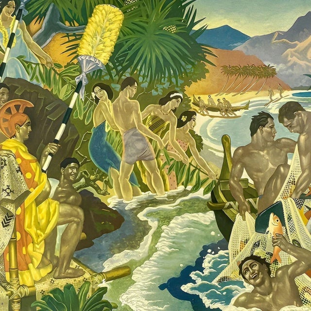 Matson Lines Hawaii "Festival of the Sea" Lithograph by Eugene Savage in Bamboo Framed - 3