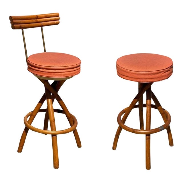 1950s Restored Mid-Century Swivel "Spiral" Leg Rattan & Brass Barstools,- Set of 2: Title: 1950s Restored Mid-Century Swivel "Spiral" Leg Rattan & Brass Barstools,- Set of 2 Description: A pair of Mid-century rattan barstools featuring a steam bend "Spiral" base and vibrant orange Na