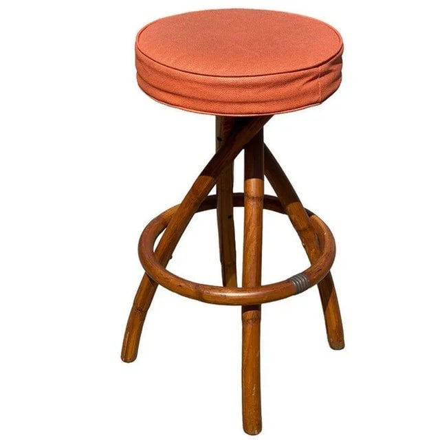 1950s Restored Mid-Century Swivel "Spiral" Leg Rattan & Brass Barstools,- Set of 2 - 8