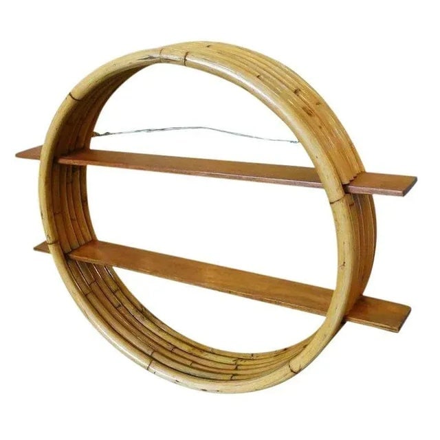 1960s Restored Mid-Century Circular Rattan Wall Shelf With Mahogany Slats - 10