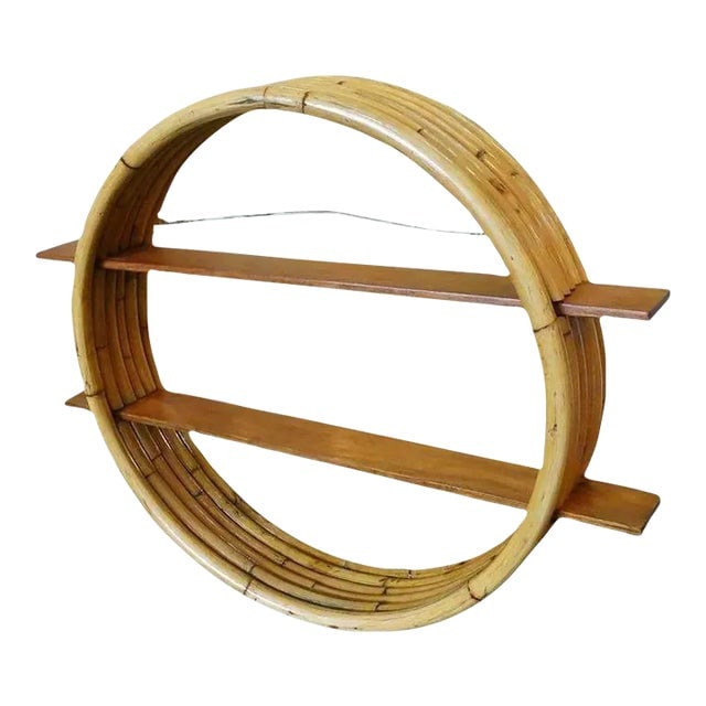 1960s Restored Mid-Century Circular Rattan Wall Shelf With Mahogany Slats (1 of 10)