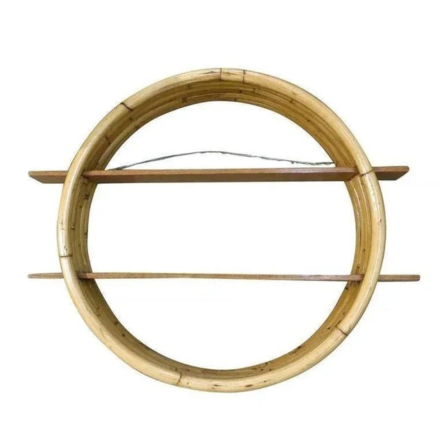 1960s Restored Mid-Century Circular Rattan Wall Shelf With Mahogany Slats - 7