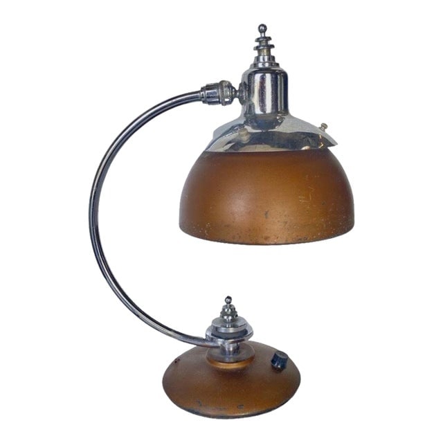 1930s Machine Age Chrome and Copper Desk Lamp: Title: 1930s Machine Age Chrome and Copper Desk Lamp Description: Machine Age, Art Deco Copper, and Chrome Desk Lamp from 1932. The lamp features a modernist bell-shaped copper lamp shade with a match