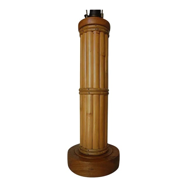 1950s Restored Round Split Rattan Table Lamp With Carved Wood Base & Wrappings (1 of 9)