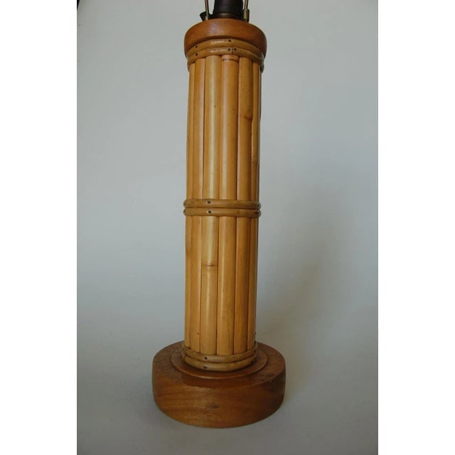 1950s Restored Round Split Rattan Table Lamp With Carved Wood Base & Wrappings - 3