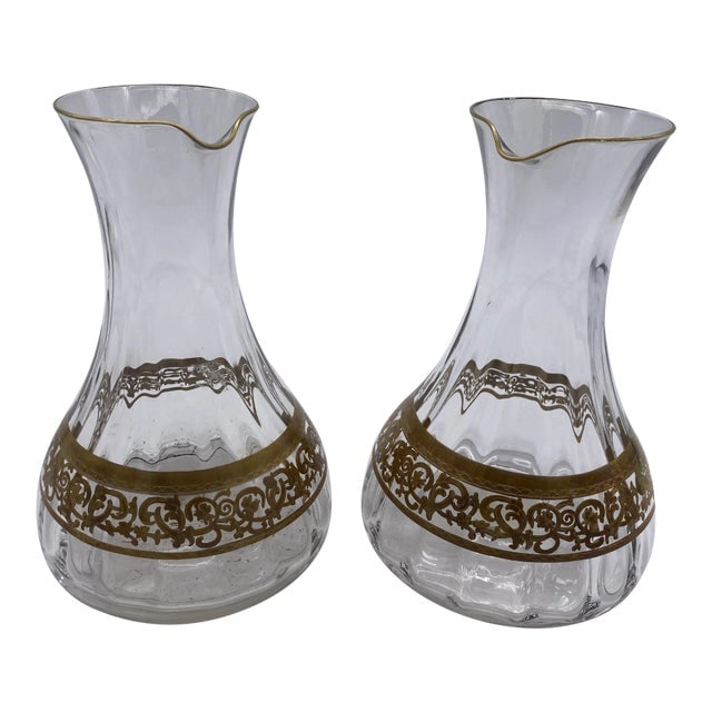 1930s Czechoslovakia Moser Art Glass Pitcher Set With Gold Leaf Accents- a Pair: Title: 1930s Czechoslovakia Moser Art Glass Pitcher Set With Gold Leaf Accents- a Pair Description: Vintage Czechoslovakian art glass Moser pitcher decorated with scrolling gold leaf bands around the 