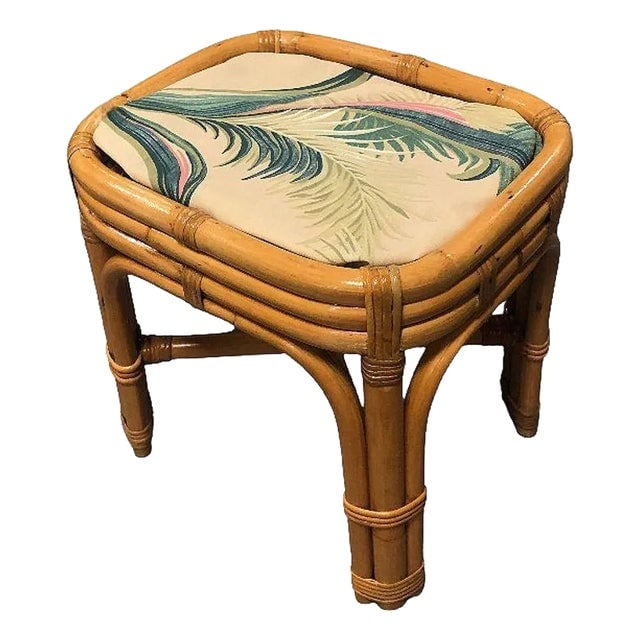 1950s Restored Mid-Century Rattan & Wicker Triple Arched Vanity Stool With Palm Fabric: Title: 1950s Restored Mid-Century Rattan & Wicker Triple Arched Vanity Stool With Palm Fabric Description: This beautifully Mid-century rattan footstool/vanity Stool is adorned with palm leaf print ba