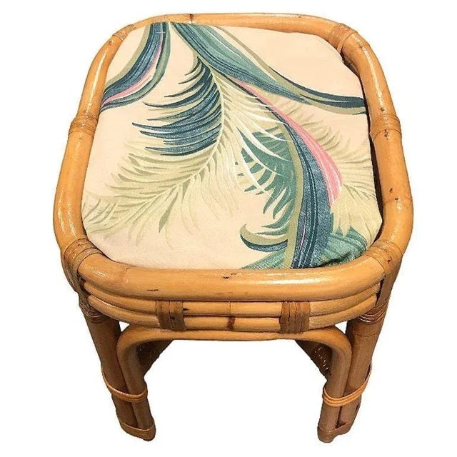 1950s Restored Mid-Century Rattan & Wicker Triple Arched Vanity Stool With Palm Fabric - 2