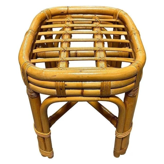 1950s Restored Mid-Century Rattan & Wicker Triple Arched Vanity Stool With Palm Fabric - 4
