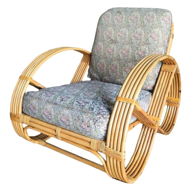1950s Restored Five-Strand Round Full Pretzel Rattan Lounge Chair: Title: 1950s Restored Five-Strand Round Full Pretzel Rattan Lounge Chair Description: Rare five-strand round full pretzel arm rattan lounge chair with fancy wicker wrappings. 1950, United States We