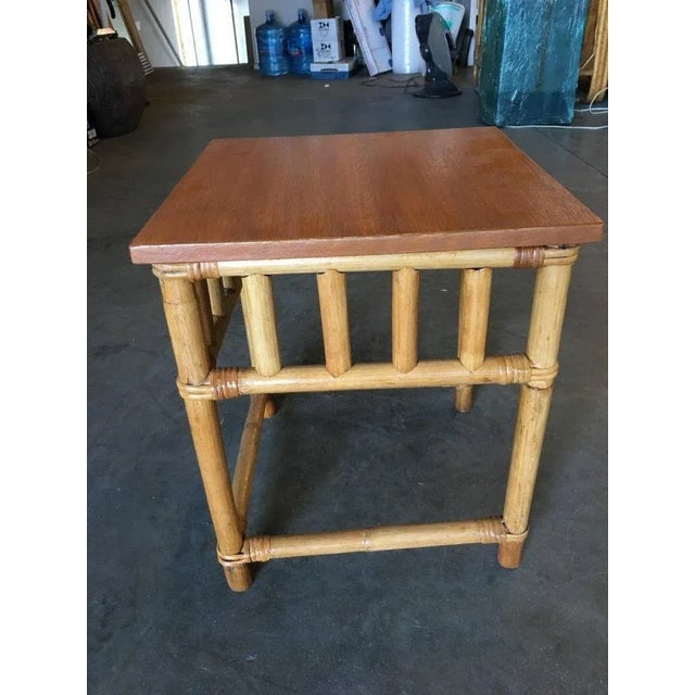 Restored Vintage Set of 3 Rattan Nesting Side Tables W/ Mahogany Top - 5