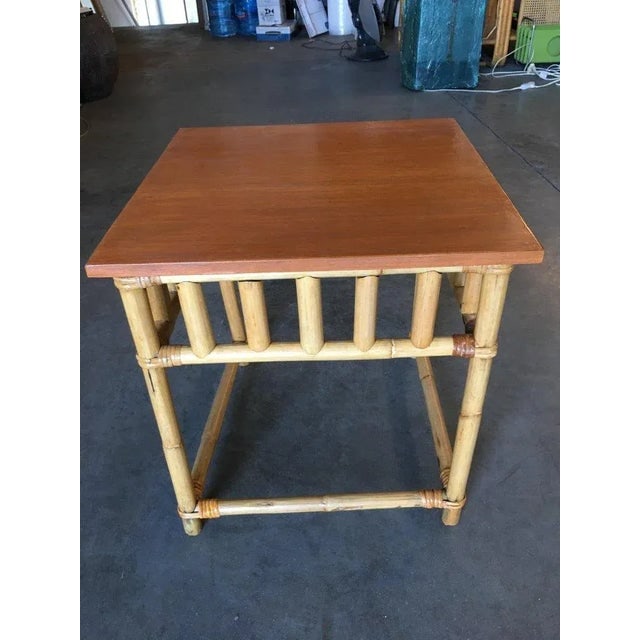Restored Vintage Set of 3 Rattan Nesting Side Tables W/ Mahogany Top - 6