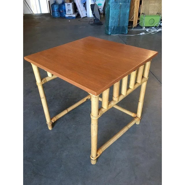 Restored Vintage Set of 3 Rattan Nesting Side Tables W/ Mahogany Top - 8