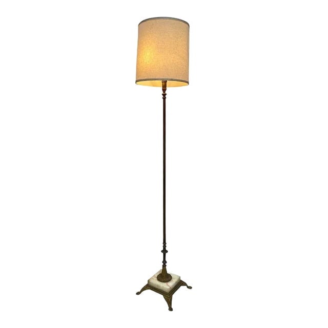 Brass and Marble Regency Floor Lamp With Shade , Circa 1930: Title: Brass and Marble Regency Floor Lamp With Shade , Circa 1930 Description: Regency brass floor with bottom marble accented base and fluted center column. The lamp comes with white shade. Circa 19