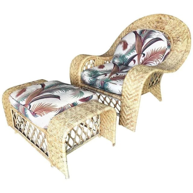 Restored Woven Wicker "Peacock" Throne Lounge Chair W/ Matching Ottoman - 13