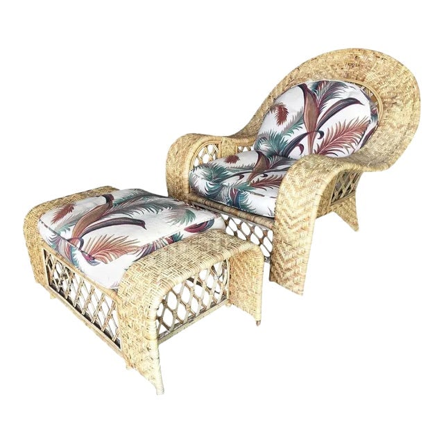 Restored Woven Wicker "Peacock" Throne Lounge Chair W/ Matching Ottoman: Title: Restored Woven Wicker "Peacock" Throne Lounge Chair W/ Matching Ottoman Description: Matching "Peacock" living room set including a woven wicker lounge chair with a large oversized armrest and 