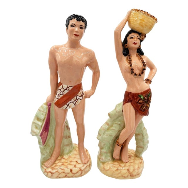 Mid 20th Century Hand Painted Hawaiian Hula Girl & Native Male Ceramic Statue Set (1 of 5)