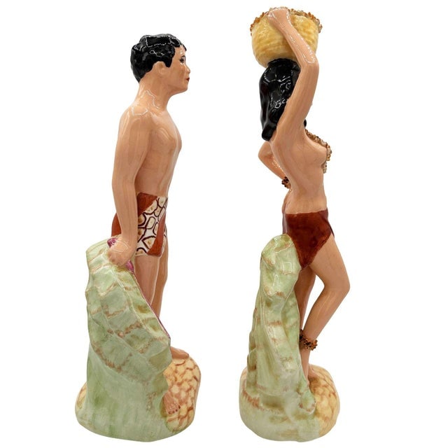 Mid 20th Century Hand Painted Hawaiian Hula Girl & Native Male Ceramic Statue Set - 2
