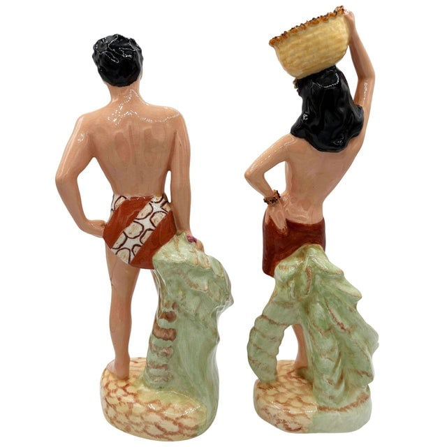 Mid 20th Century Hand Painted Hawaiian Hula Girl & Native Male Ceramic Statue Set - 3