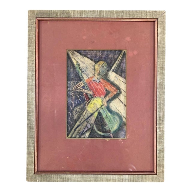 Vintage Wood Framed Pastel Print by Artist Bala: Title: Vintage Wood Framed Pastel Print by Artist Bala Description: Vintage Wood Framed pastel print by artist Bala. This painting with reminiscencies of a Picasso style signed by artist Bala depicts