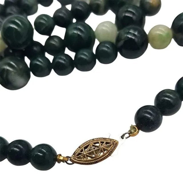 Silk Knotted Jade & Moss Agate Round Beaded Necklace W Gold-Filled Clasp - 5