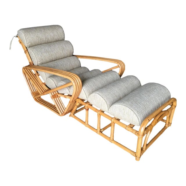 Restored 1940s Rattan 2 Piece Square Pretzel 4-Strand Chaise Lounge: Title: Restored 1940s Rattan 2 Piece Square Pretzel 4-Strand Chaise Lounge Description: Relax in this 2-piece vintage restored rattan chaise lounge chair. The ottoman attaches to extend the armchair i