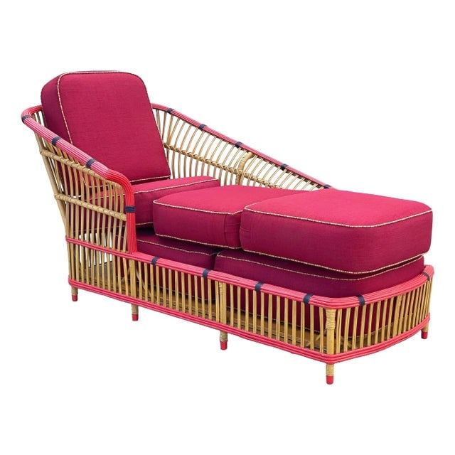 Restored 1930s Stick Reed Rattan "President" Chaise Lounge: Title: Restored 1930s Stick Reed Rattan "President" Chaise Lounge Description: Relax in this restored 1930 "President" stick rattan chaise lounge chair. The lounge features a spindle design with a fan