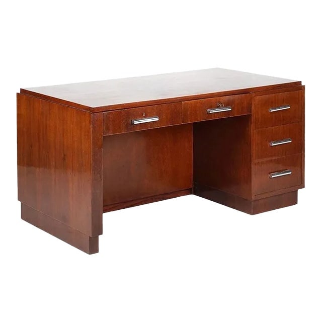 1930s Restored French Geometric Art Deco Rose Wood and Chrome Executive Desk W/ Bookshelves (1 of 12)