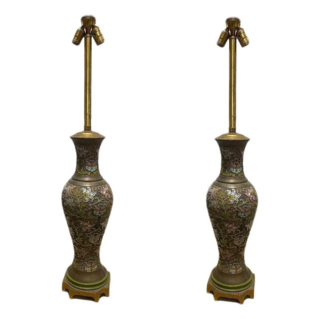 Arts & Craft Chinese Bronze Cloisonn√© Enamel Vase Lamp by Mimi London, Pair - 2