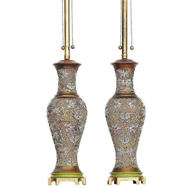 Arts & Craft Chinese Bronze Cloisonn√© Enamel Vase Lamp by Mimi London, Pair - 3